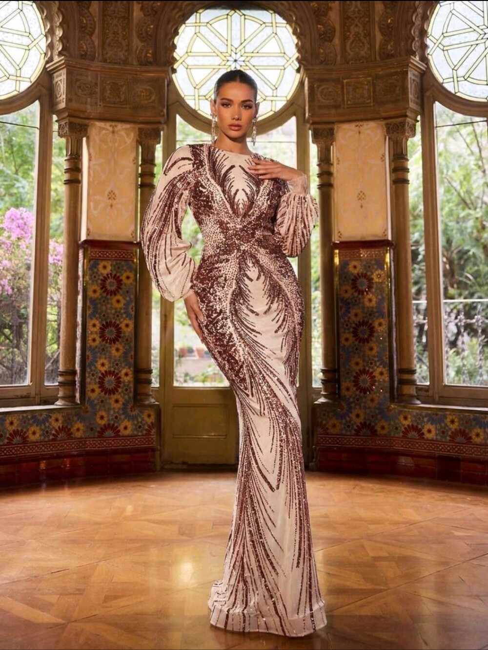 Blush Sequin Long-Sleeve Evening Gown